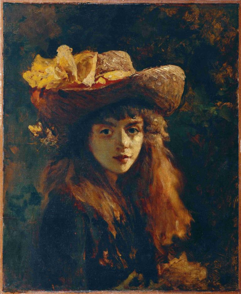 Bildnis Eines Mädchens,Gustave Courbet,Oil Painting,Oil Painting, 1girl, hat, solo, long hair, upper body