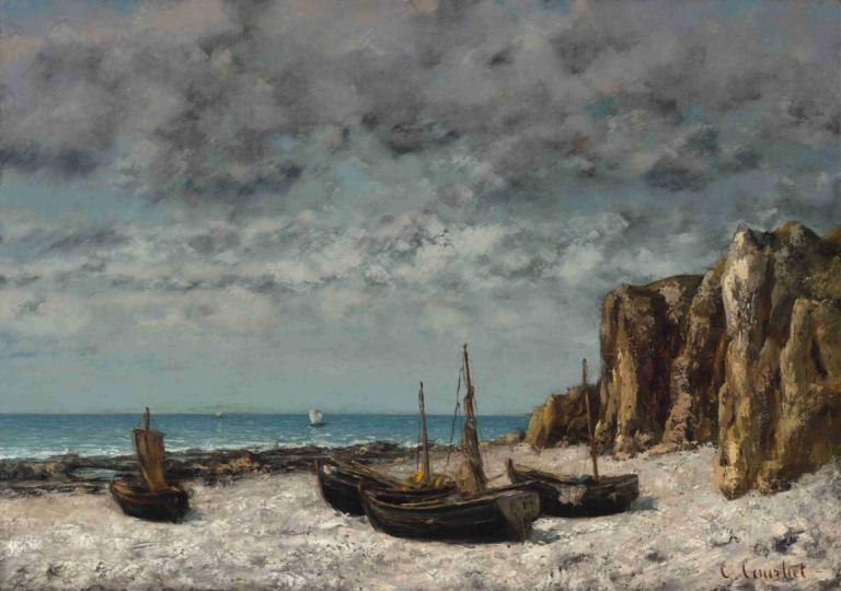 Boats on a Beach,Etretat,Gustave Courbet,Oil Painting,Oil Painting, no humans, cloud, outdoors, watercraft