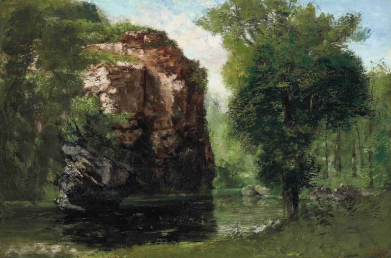 Bords De La Loue Avec Rochers À Gauche,Okraje Loue s kameny na levé straně,Gustave Courbet,Olejomalba