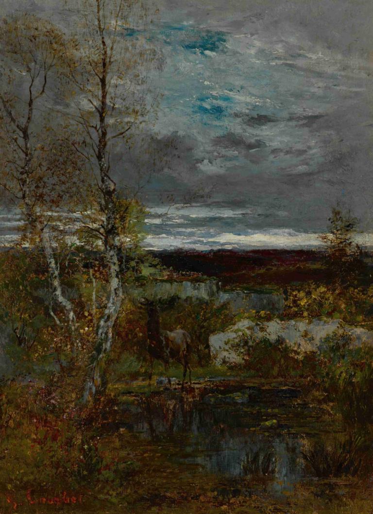 Cerf À La Mare,Gustave Courbet,Oil Painting,Oil Painting, no humans, scenery, cloud, tree, outdoors, sky