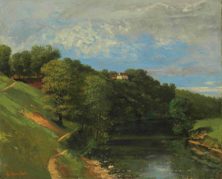 Château Au Bord De La Rivière,Gustave Courbet,Pintura al óleo,Pintura al óleo, no humanos, al aire libre