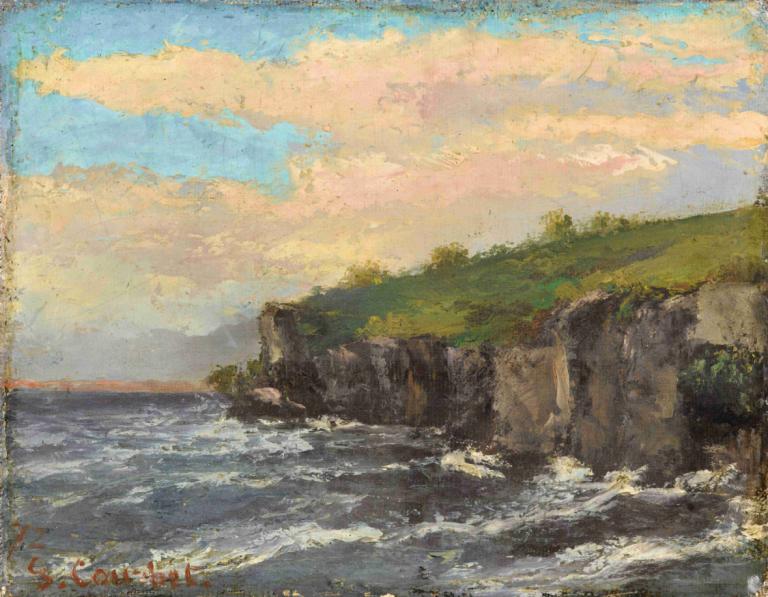 Cliff By The Water,Gustave Courbet,Oil Painting,Oil Painting, no humans, outdoors, scenery, sky, cloud