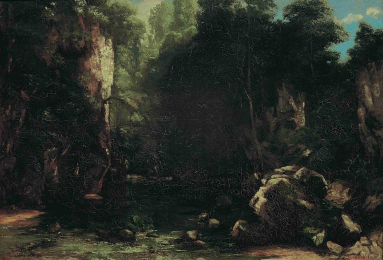 Der Schattige Bach,Gustave Courbet,Oil Painting,Oil Painting, no humans, scenery, outdoors, rock, nature