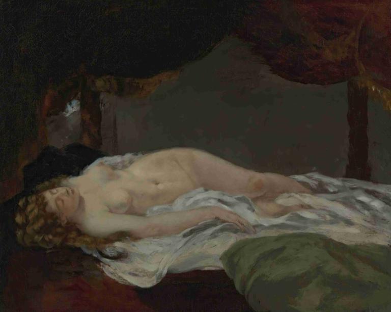 Femme Endormie,Uyuyan Kadın,Gustave Courbet,Yağlı boya,Yağlı boya, 1kız, çıplak, göğüsler