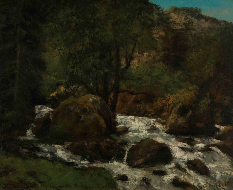 Forest Brook, Jura,Gustave Courbet,Oil Painting,Oil Painting, no humans, scenery, outdoors, nature, day, rock