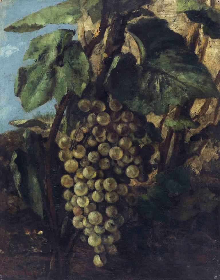 Grappe De Raisins,Gustave Courbet,Oil Painting,Oil Painting, no humans, outdoors, leaf, tree, scenery, fruit