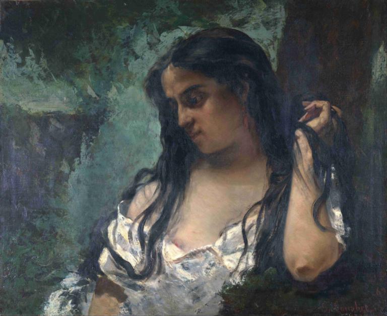 Gypsy In Reflection,Çingene Düşüncesinde,Gustave Courbet,Yağlı boya,Yağlı boya, 1kız, solo, uzun saç