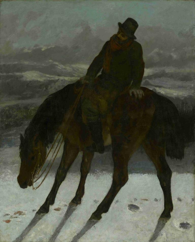 Hunter on Horseback,At Sırtında Avcı,Gustave Courbet,Yağlı boya,Yağlı boya, şapka, 1 oğlan, atkı, erkek odak