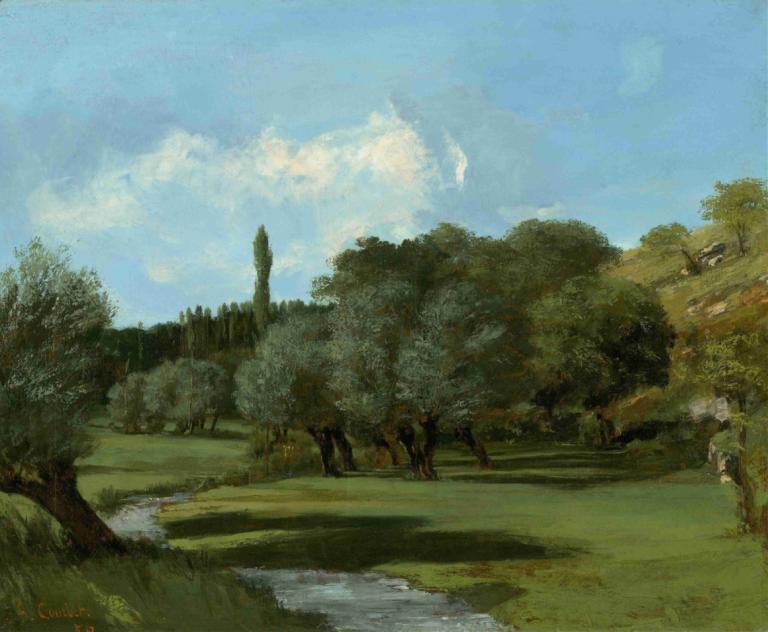 La Bretonnerie in the Department of Indre,因德尔省的 La Bretonnerie,Gustave Courbet,古斯塔夫-库尔贝,油画,油画, 户外, 树, 风景