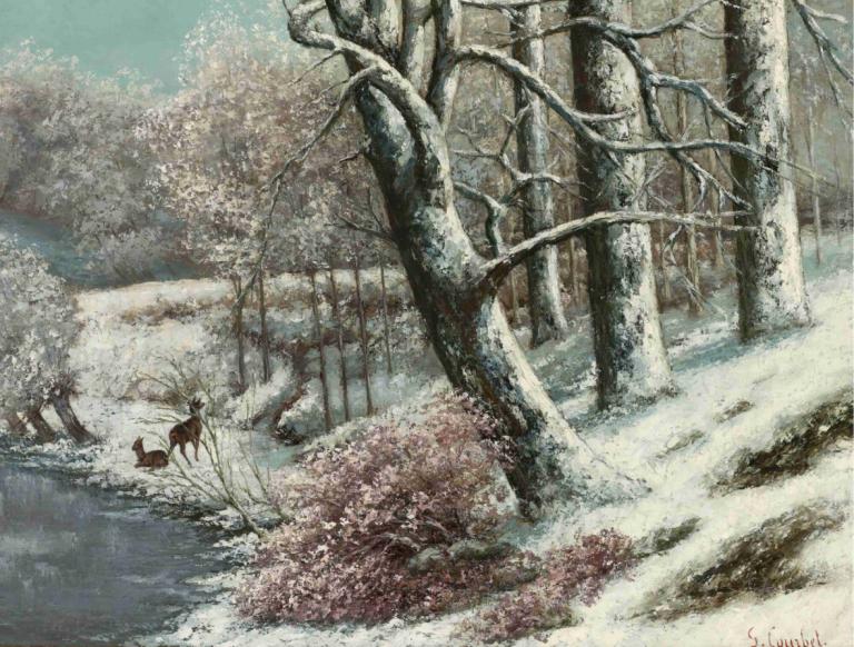 La Forêt En Hiver,Gustave Courbet,Oil Painting,Oil Painting, tree, snow, scenery, outdoors, horse, nature