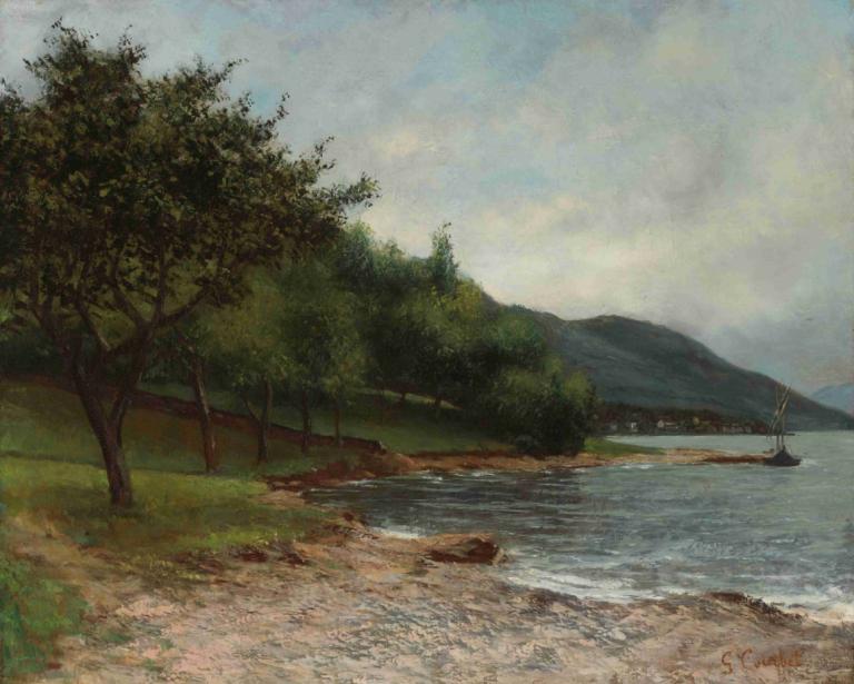 La Rive Du Lac Léman,Gustave Courbet,Yağlı boya,Yağlı boya, açık havada, manzara, insan yok, ağaç, bulut