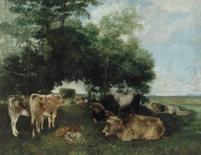 La Sieste Pendant La Saison Des Foins,lur i høsæsonen,Gustave Courbet,Oliemaleri,Oliemaleri, udendørs, træ