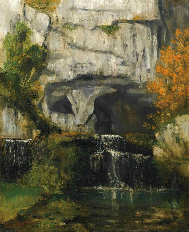 La Source Du Lison,Gustave Courbet,Obraz olejny,Obraz olejny, żadnych ludzi, wodospad, woda, sceneria, drzewo