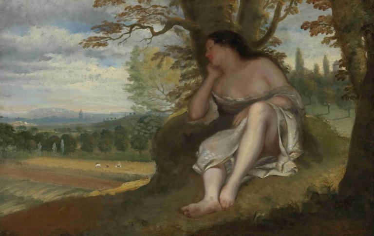 La sieste,Gustave Courbet,Oil Painting,Oil Painting, tree, 1girl, solo, sitting, outdoors, cloud, black hair