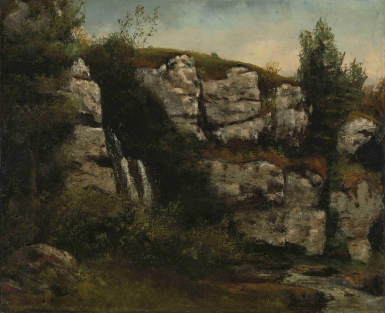 Landscape with Rocky Cliffs and a Waterfall,Gustave Courbet,Oil Painting,Oil Painting, no humans, scenery