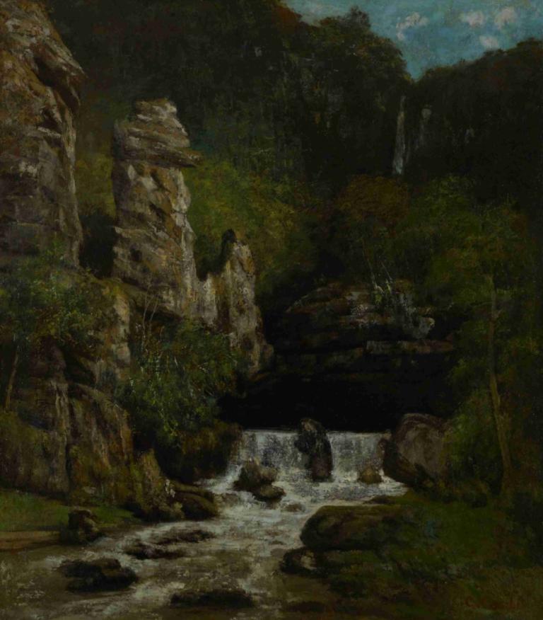 Landscape with a Waterfall,瀑布景观,Gustave Courbet,古斯塔夫-库尔贝,油画,油画, 没有人类, 风景, 户外, 水, 自然, 天, 树, 岩石, 瀑布, 天空, 河