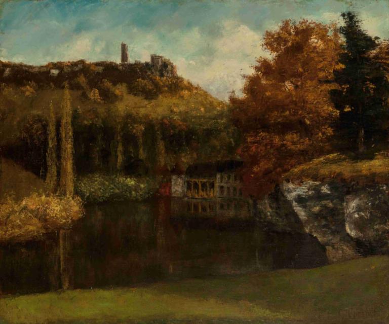 Le Lavoir (Vue et ruines du Château de Scey-en-Varais),Gustave Courbet,Oil Painting,Oil Painting, scenery