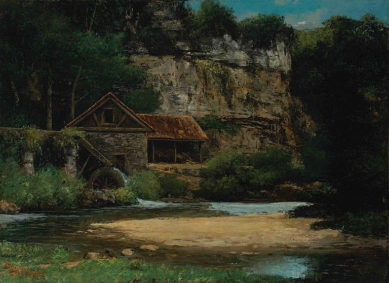 Le Moulin,Gustave Courbet,Oljna slika,Oljna slika, brez ljudi, na prostem, kulisa, drevo, dan, trava, narave