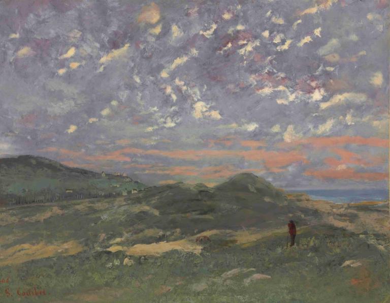 Les Dunes De Deauville,Gustave Courbet,Oil Painting,Oil Painting, scenery, outdoors, cloud, sky, grass