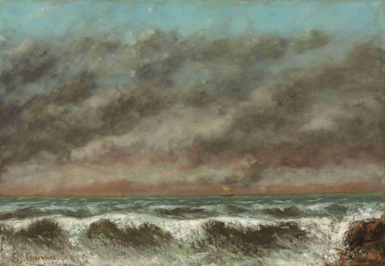 Marine,Gustave Courbet,Oil Painting,Oil Painting, no humans, ocean, cloud, outdoors, waves, scenery, sky