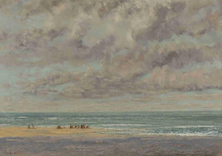 Marine, Les Équilleurs,Gustave Courbet,Oil Painting,Oil Painting, cloud, outdoors, no humans, scenery, ocean