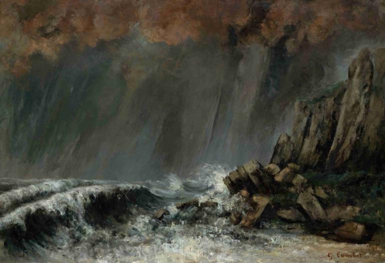 Marine; The Waterspout,Gustave Courbet,Oil Painting,Oil Painting, water, scenery, rock, no humans, outdoors