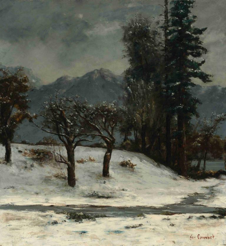 Neige,Gustave Courbet,Oil Painting,Oil Painting, no humans, tree, scenery, outdoors, snow, sky, cloud