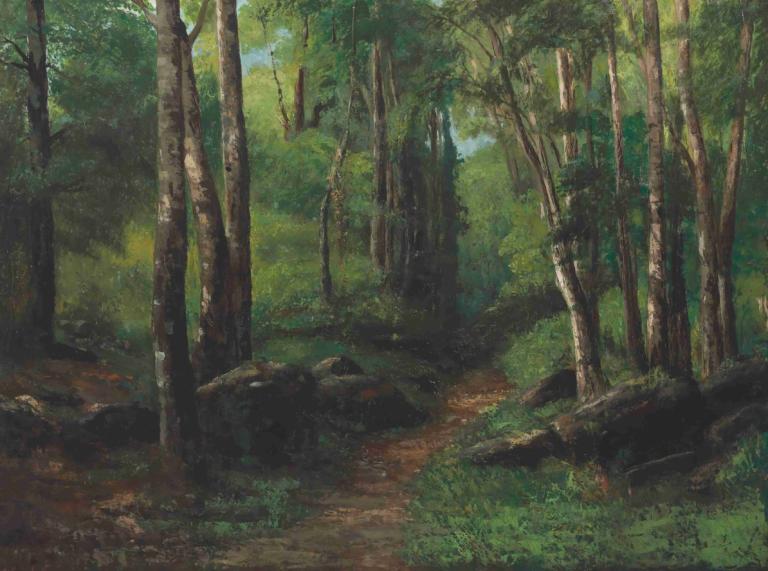 Path Through The Forest,Gustave Courbet,Oil Painting,Oil Painting, no humans, nature, scenery, forest, tree