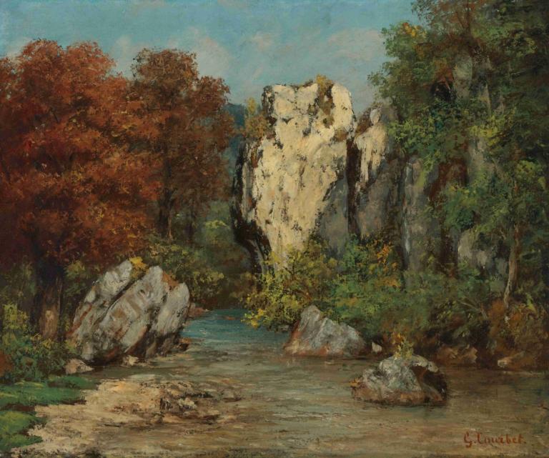 Paysage Au Ruisseau Et Au Rocher,Landskap Med Strøm Og Stein,Gustave Courbet,Oljemaleri,Oljemaleri