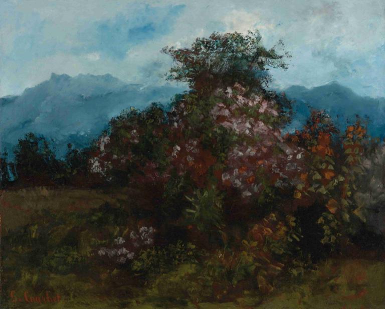 Paysage Avec Massif Fleuri,Paisaje con parterre,Gustave Courbet,Pintura al óleo,Pintura al óleo, no humanos