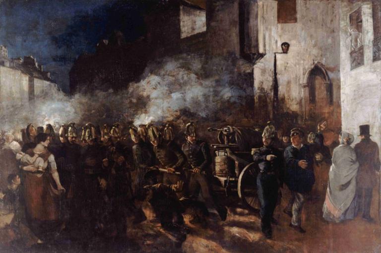 Pompiers courant à un incendie,Petugas pemadam kebakaran sedang menangani kebakaran,Gustave Courbet