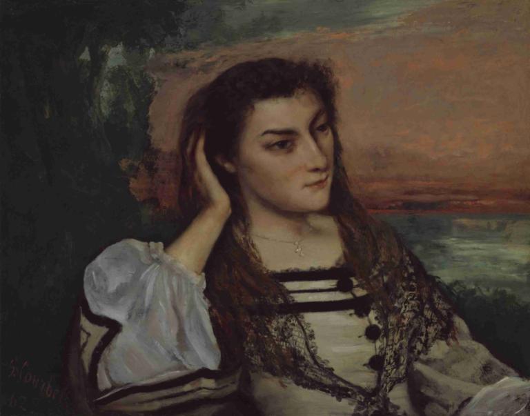 Reverie (Portrait of Gabrielle Borreau),遐想（加布里埃尔-博罗肖像）,Gustave Courbet,古斯塔夫-库尔贝,油画,油画, 1个女孩, 独奏, 项链, 珠宝, 实际的