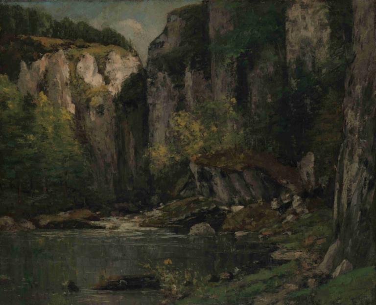 River and Rocks,河流与岩石,Gustave Courbet,古斯塔夫-库尔贝,油画,油画, 风景, 户外, 没有人类, 自然, 水, 树, 河, 岩石, 森林, 天