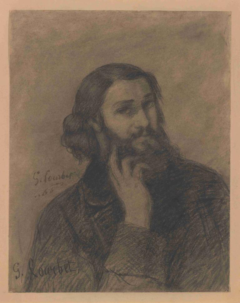 Self-Portrait,自画像,Gustave Courbet,古斯塔夫-库尔贝,铜版画,铜版画, 1男孩, 独奏, 男性焦点, 胡子, 胡须, 单色, 手放在自己的下巴上, 过时的, 上半身, 传统媒体, 胡子