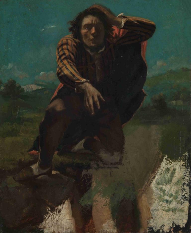 Self-portrait,自画像,Gustave Courbet,古斯塔夫-库尔贝,油画,油画, 1男孩, 男性焦点, 独奏, 户外, 衬衫, 天空, 胡子, 美术模仿, 条纹衬衫, 有条纹的