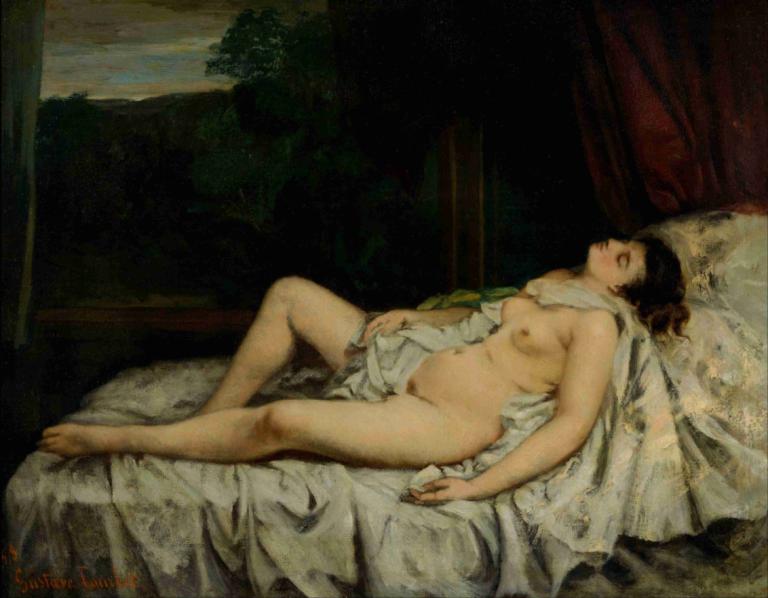 Sleeping Nude,裸睡,Gustave Courbet,古斯塔夫-库尔贝,油画,油画, 1个女孩, 独奏, 美术模仿, 裸体, 乳头, 乳房, 说谎, 赤脚, 黑发, 床, 窗户, 脐, 中等乳房, 实际的