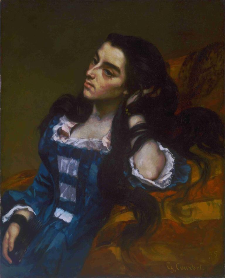 Spanish Woman,西班牙妇女,Gustave Courbet,古斯塔夫-库尔贝,油画,油画, 1个女孩, 独奏, 黑发, 长发, 裙子, 美术模仿, 实际的, 传统媒体, 假传统媒体, 蓝眼睛, 蓝色连衣裙