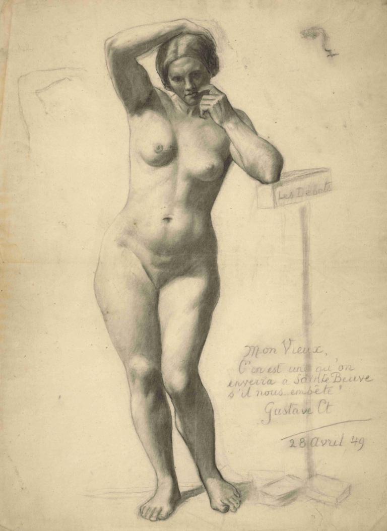 Standing Female Nude,站立的女性裸体,Gustave Courbet,古斯塔夫-库尔贝,素描,素描, 1个女孩, 乳头, 独奏, 裸体, 乳房, 单色, 草图, 赤脚, 脐, 中等乳房, 传统媒体