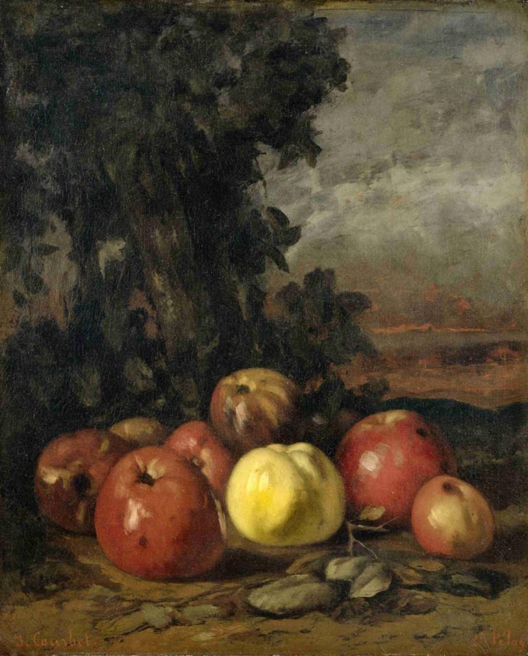 Still Life with Apples,苹果静物画,Gustave Courbet,古斯塔夫-库尔贝,油画,油画, 没有人类, 食物, 水果, 户外, 树, 苹果, 传统媒体, 叶子