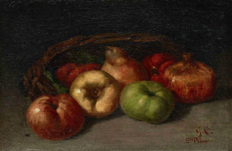 Still Life with Apples, Pear, and Pomegranates,苹果、梨和石榴静物画,Gustave Courbet,古斯塔夫-库尔贝,油画,油画, 没有人类, 食物, 水果, 食物焦点