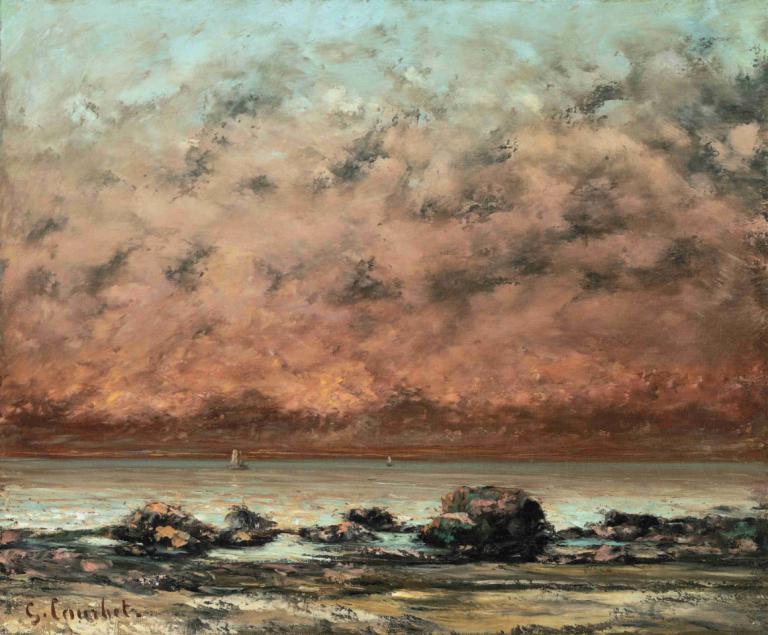 The Black Rocks at Trouville,特鲁维尔的黑岩,Gustave Courbet,古斯塔夫-库尔贝,油画,油画, 没有人类, 风景, 云, 户外, 天空, 海洋, 多云的天空, 岩石, 传统媒体