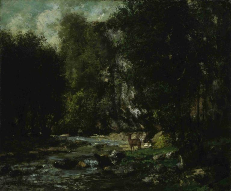 The Brook of Les Puits-Noir,Les Puits-Noir 的小溪,Gustave Courbet,古斯塔夫-库尔贝,油画,油画, 自然, 风景, 户外, 树, 森林, 没有人类, 岩石, 水