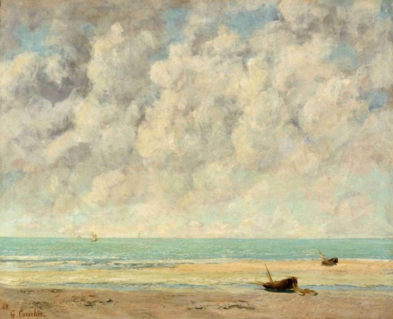 The Calm Sea,平静的海,Gustave Courbet,古斯塔夫-库尔贝,油画,油画, 云, 户外, 船只, 海滩, 天空, 风景, 船, 传统媒体, 海洋, 多云的天空, 沙, 没有人类, 天