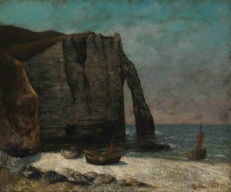 The Cliff at Étretat,埃特雷塔特悬崖,Gustave Courbet,古斯塔夫-库尔贝,油画,油画, 户外, 没有人类, 海洋, 船只, 风景, 岩石, 天空, 船, 水, 传统媒体, 云, 海滩