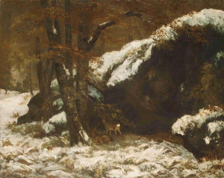 The Deer,鹿,Gustave Courbet,古斯塔夫-库尔贝,油画,油画, 自然, 树, 风景, 森林, 户外, 独奏