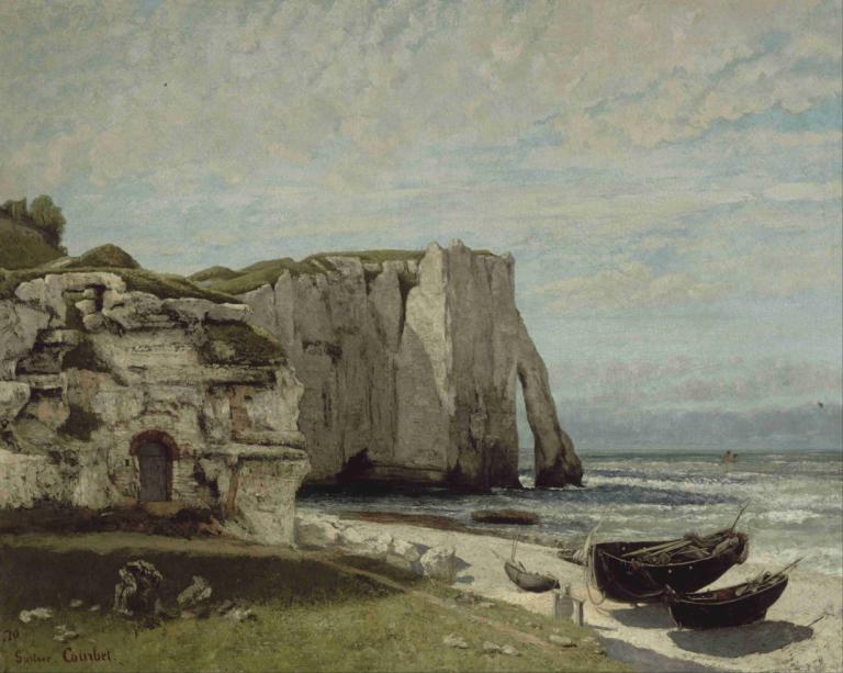 The Etretat Cliffs after the Storm,暴风雨后的埃特雷塔悬崖,Gustave Courbet,古斯塔夫-库尔贝,油画,油画, 户外, 风景, 没有人类, 船只, 船, 天空, 海洋