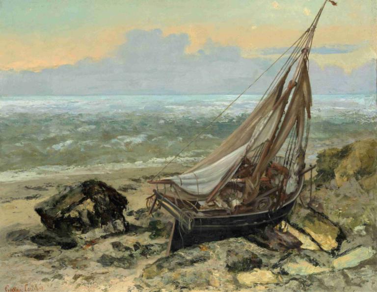 The Fishing Boat,渔船,Gustave Courbet,古斯塔夫-库尔贝,油画,油画, 没有人类, 船只, 户外, 海洋, 风景, 传统媒体, 岩石, 船, 天空, 水, 海滩, 云, 天