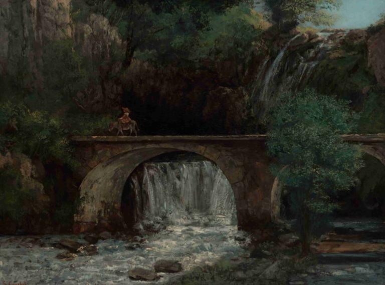 The Great Bridge,大桥,Gustave Courbet,古斯塔夫-库尔贝,油画,油画, 水, 风景, 户外, 树, 独奏, 河, 瀑布, 自然, 1男孩, 男性焦点