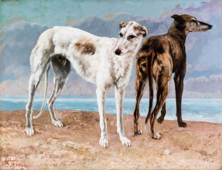 The Greyhounds of the Comte de Choiseul,舒瓦瑟尔伯爵的灰狗,Gustave Courbet,古斯塔夫-库尔贝,油画,油画, 没有人类, 实际的, 绘画（中）, 传统媒体, 签名