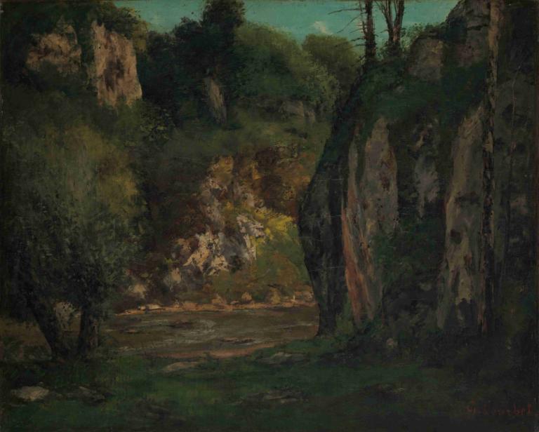 The Hidden Brook,隐藏的小溪,Gustave Courbet,古斯塔夫-库尔贝,油画,油画, 没有人类, 户外, 风景, 树, 自然, 草, 森林, 天, 天空, 传统媒体, 岩石